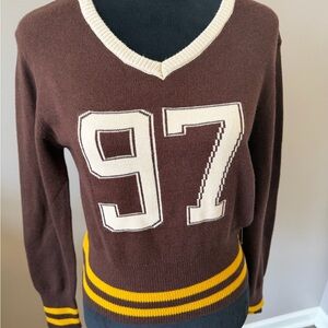 iris NEW w/Tags Brown Varsity Sweater with Number 97 and Yellow Stripes Medium
